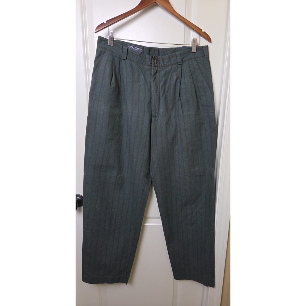Vtg 1990s Perry Ellis America Striped Trousers Pleated Cotton Gray Green 36W 32L